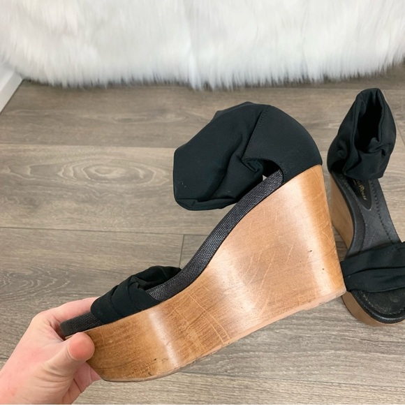 Gianvito Rossi Wood Platform Wedge Sandals Stretch Fabric Ankle Black Y2K 2000s - Picture 7 of 11